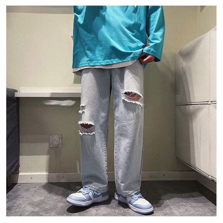 Quần bò jeans ống rộng rách gối tua rua oversize Ulzzang hiphop siêu chất ❤️