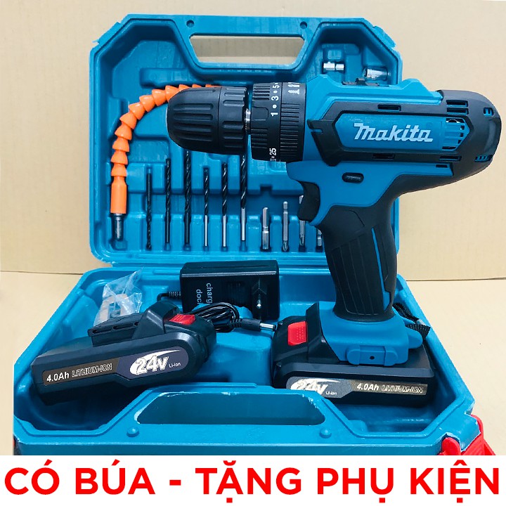 MÁY KHOAN MAKITA 24V - TẶNG PHỤ KIỆN 24 CHI TIẾT- 3 CHỨC NĂNG - CÓ BÚA - PIN 5 CELL - MÁY KHOAN DÙNG PIN MAKITA 24V