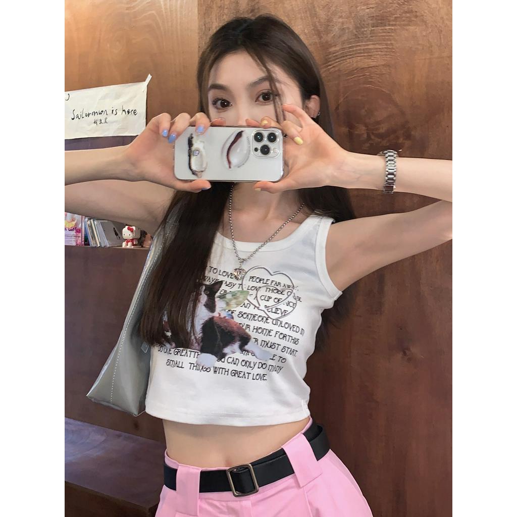 64018 Áo Yếm Mỏng Vừa Vặn In Hình Mèo