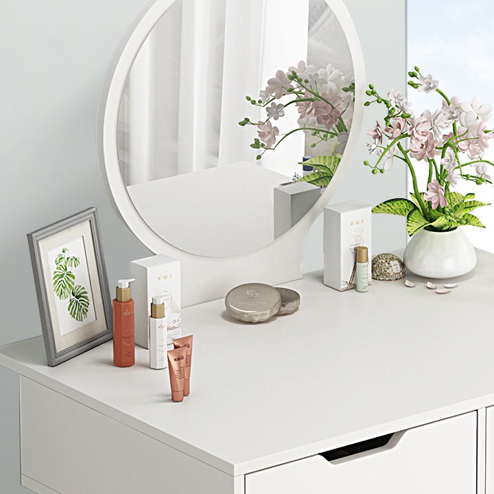 Bàn trang điểm hiện đại màu trắng, gương tròn 2 ngăn kéo, sản phẩm có kèm ghế bọc giả da cao cấp,hàng thiết kế BGK-2018