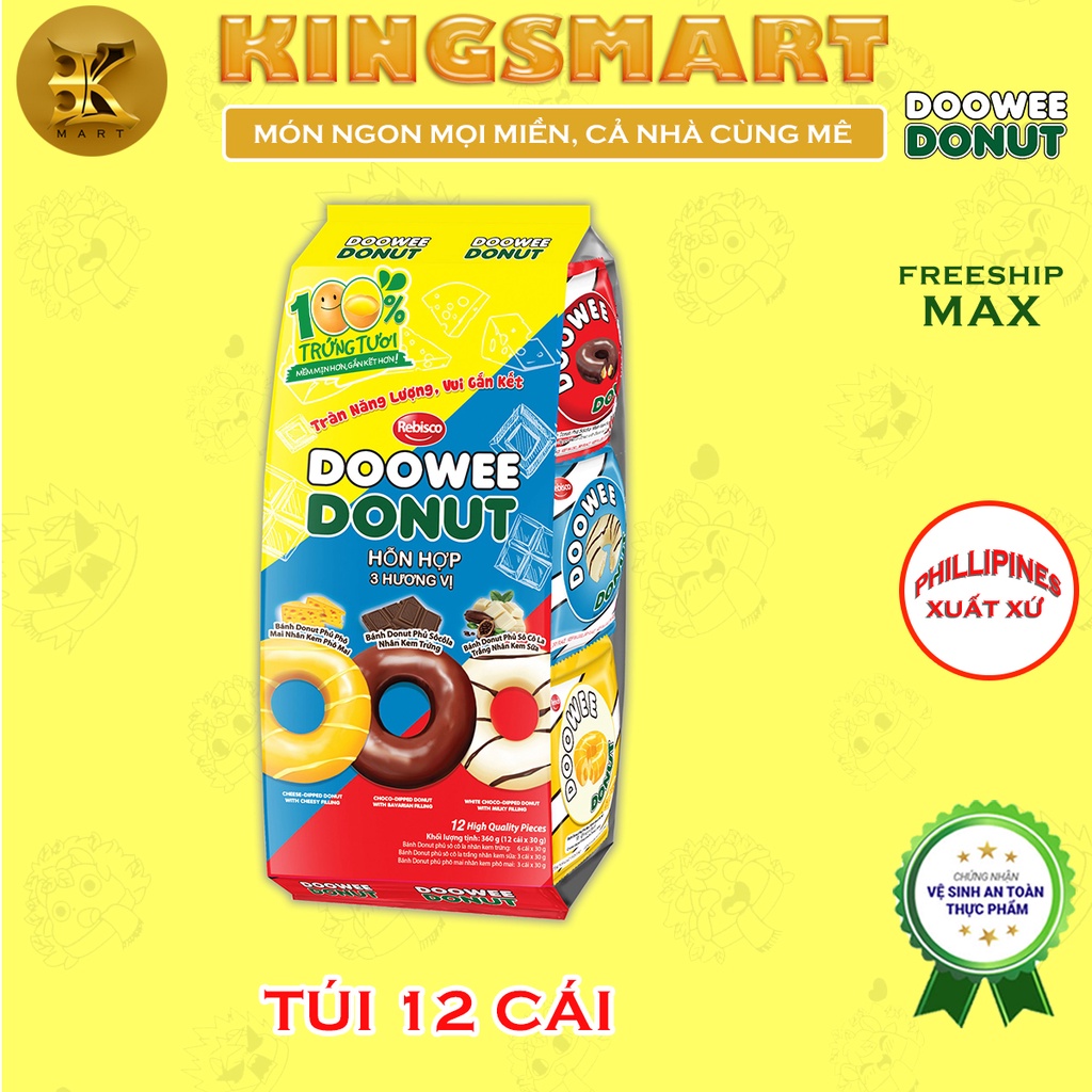 Bánh Doowee Donut Túi 12 Bánh Có Đủ Vị: Socola Đen, Cam, Dâu, Phô Mai, Socola Trắng