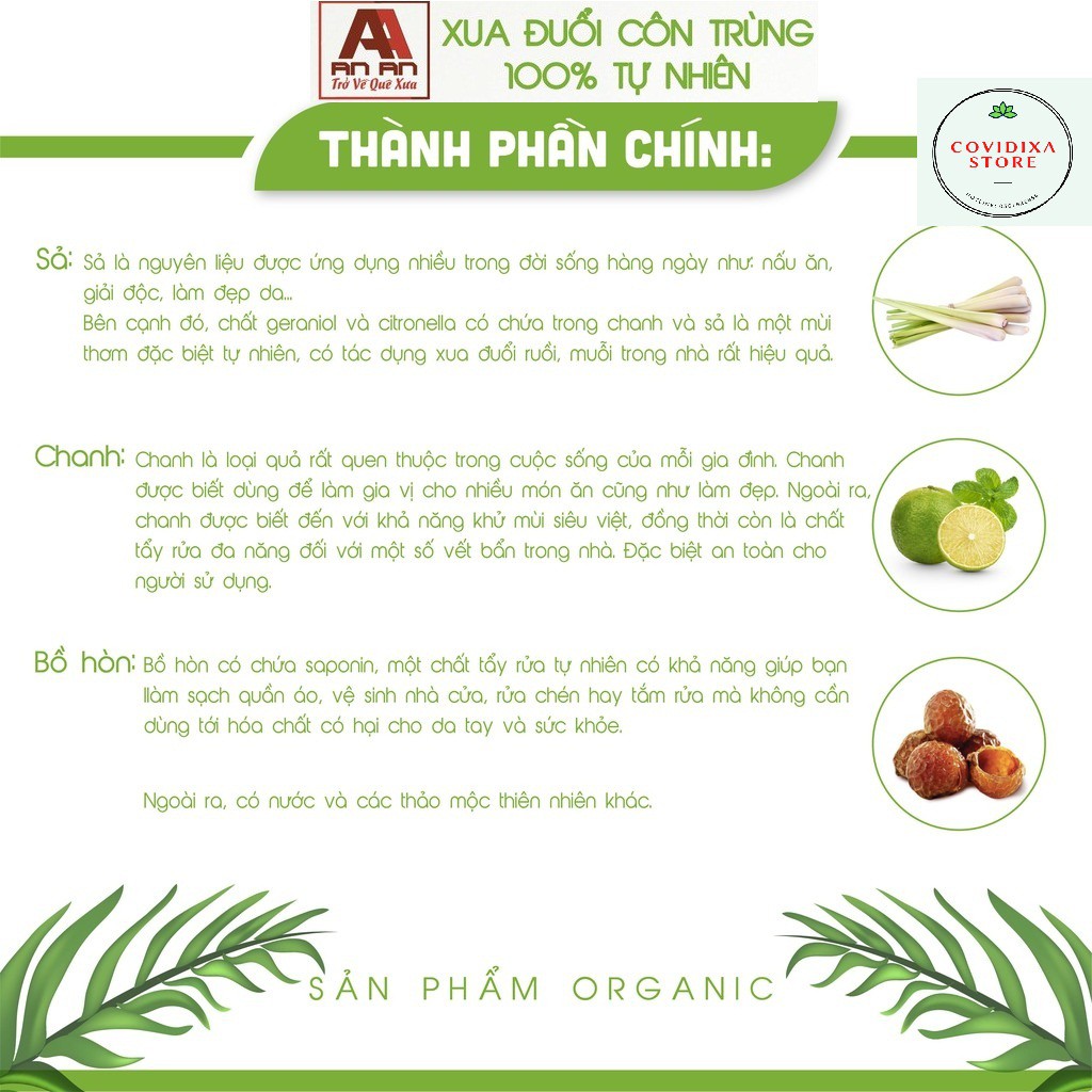 Nước lau sàn hữu cơ bồ hòn An An💖FREESHIP💖nước lau nhà tinh dầu thiên nhiên đuổi muỗi hương quế sả chanh 1000ml