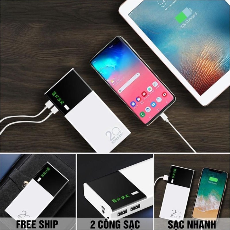 Sạc dự phòng, Pin dự phòng 30000 mAh 2 cổng USB Sạc nhanh,màu trắng nhỏ gọn tiện lợi Tích Hợp Sạc Nhanh Fast Charge