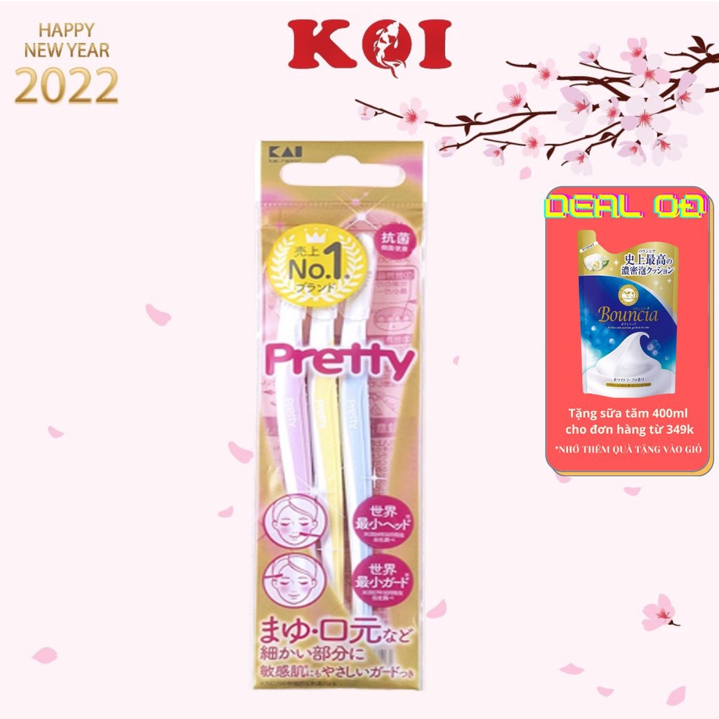 Set 3 dao cạo lông mày Kai Pretty lưỡi thép không gỉ, thân làm từ nhựa cao cấp