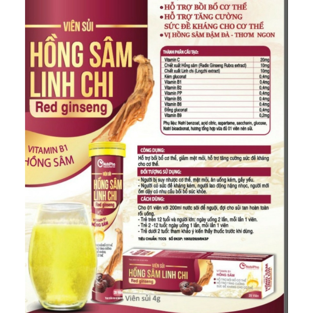 combo 3 tub viên sủi hồng sâm -linh chi giúp bổ sung vitamin và khoáng chất cho cơ thể /tub 20 viên 4g