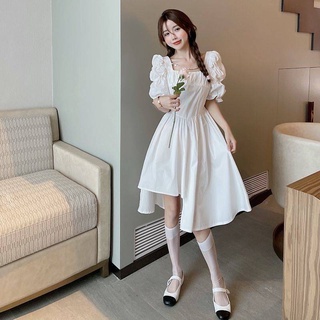 Váy dự tiệc nhún tay ngực lệch tầng triết eo mặc tôn dáng/ Đầm cổ vuông bigsize dáng xòe tiểu thư phong cách ulzzang