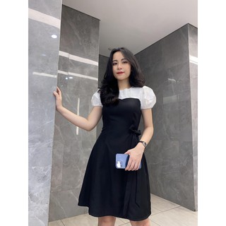 Đầm đen công sở thiết kế thời trang nữ dễ thương tay ngắn dáng chữ a mềm mát che bụng mỡ