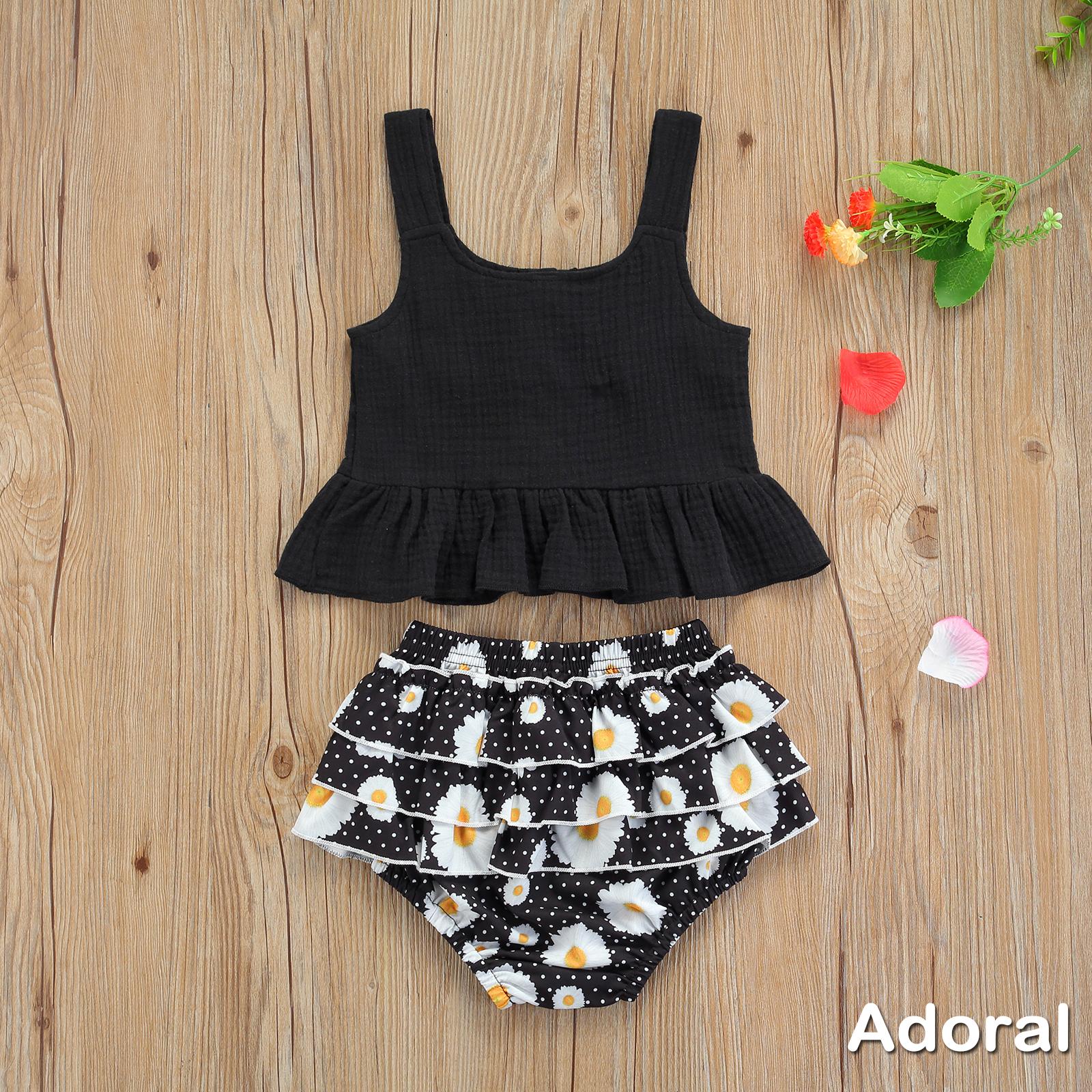 Set Đồ Mùa Hè 2 Món Áo Tank Top Cài Nút Màu Trơn + Quần Dài Nhiều Lớp Đính Hoa Cho Bé Gái 6 Tháng Đến 4 Tuổi