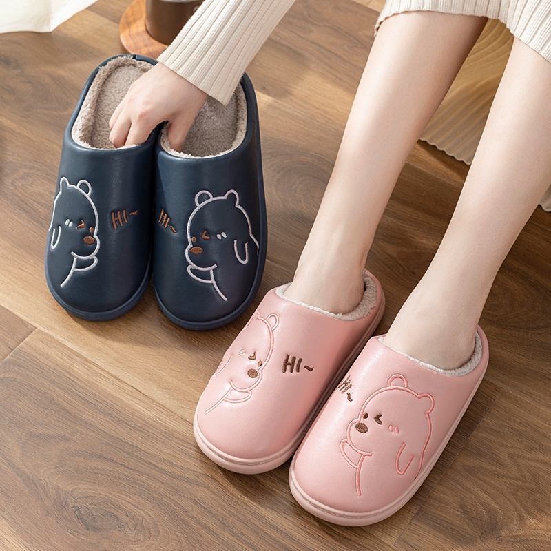 Dép Cotton Đi Trong Nhà Đế Dày Chống Trượt Họa Tiết Gấu Hoạt Hình Cho Nam Và Nữ
