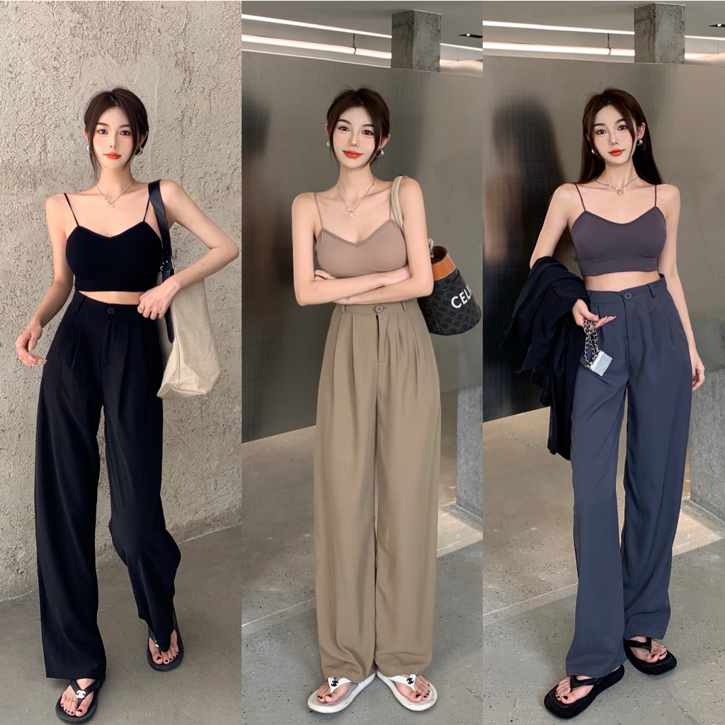 SUXI Quần Dài Lưng Cao Ống Rộng Màu Sắc Đơn Giản Phong Cách Hàn Quốc Cho Nữ