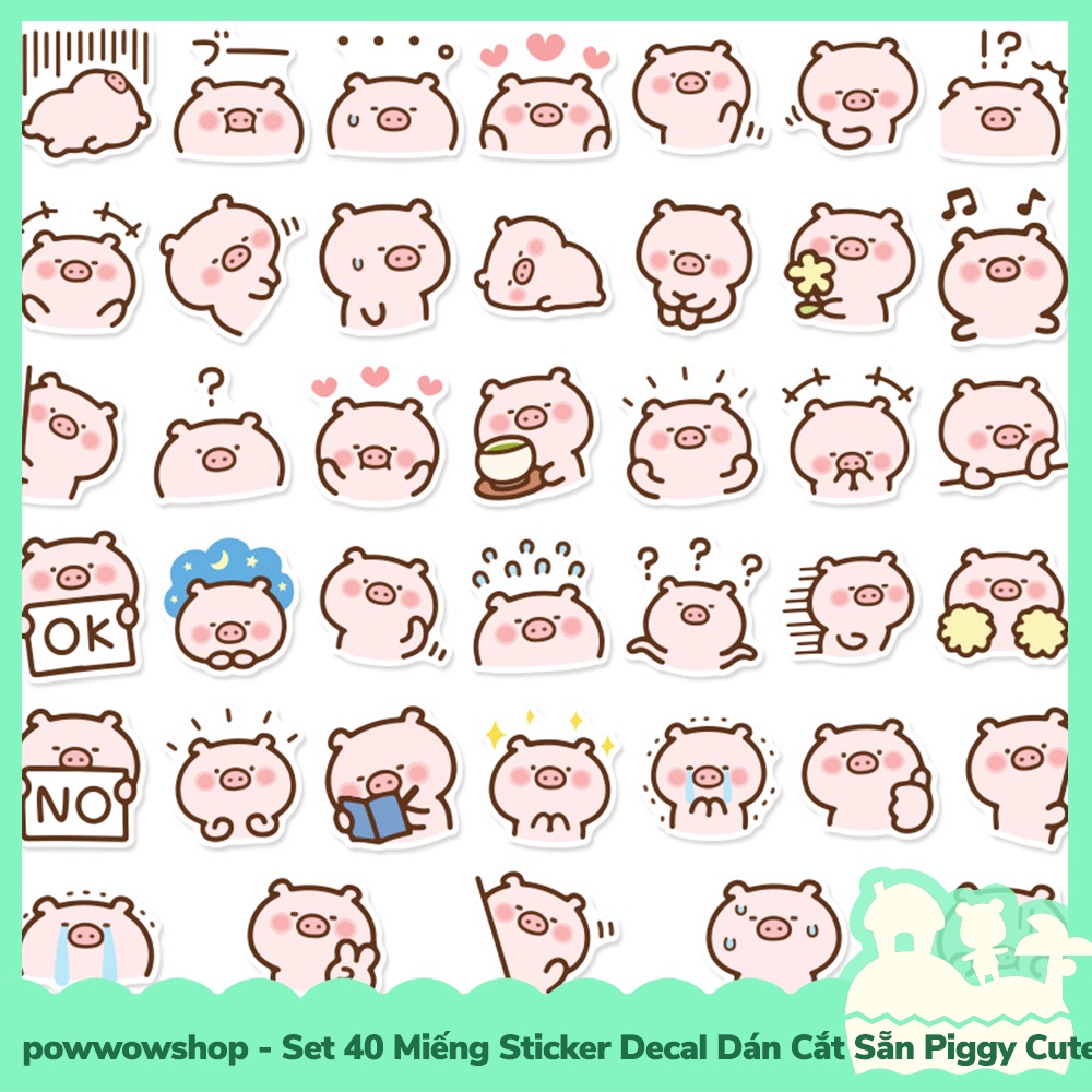 Set 40 Miếng Sticker Decal Cắt Sẵn DIY Dán Trang Trí Vật Dụng Mẫu Piggy Heo Hồng Cute Cute