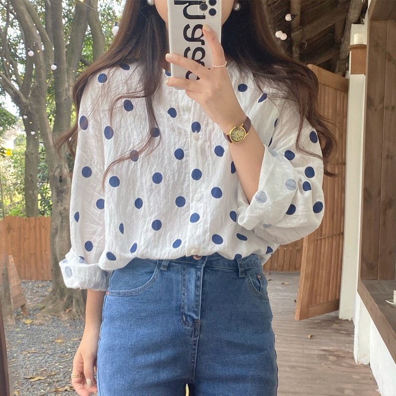 Áo kiểu IELGY tay dài cổ tròn in họa tiết chấm bi xinh xắn cho nữ