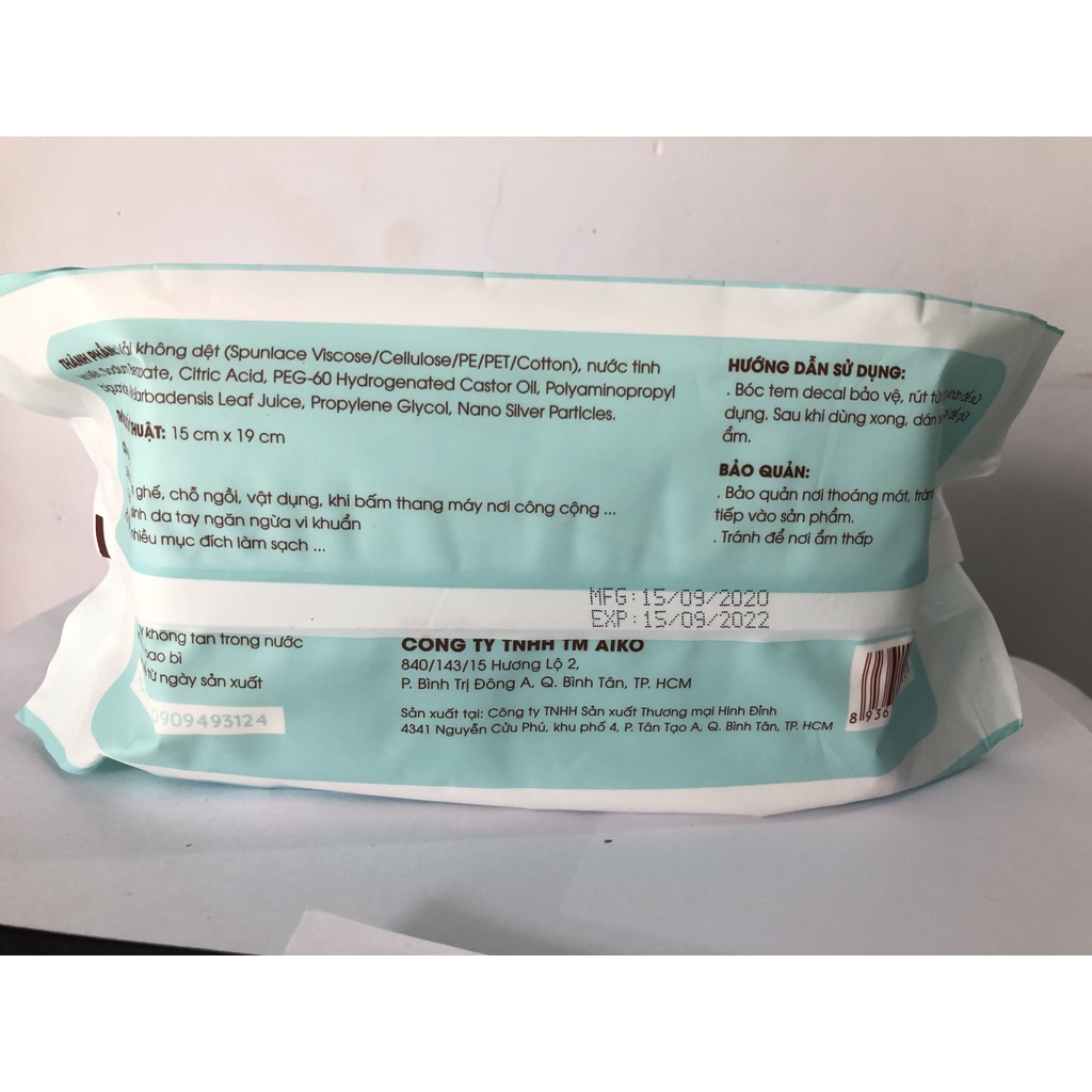 Khăn giấy ướt AIKO xanh 100 tờ có chất kháng khuẩn cho bé