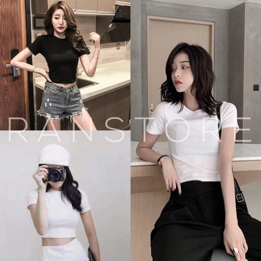 Áo croptop body cộc tay dáng ngắn thời trang nữ/ Áo thun cổ tròn tay ngắn dáng ôm siêu hàn quốc_ranstore