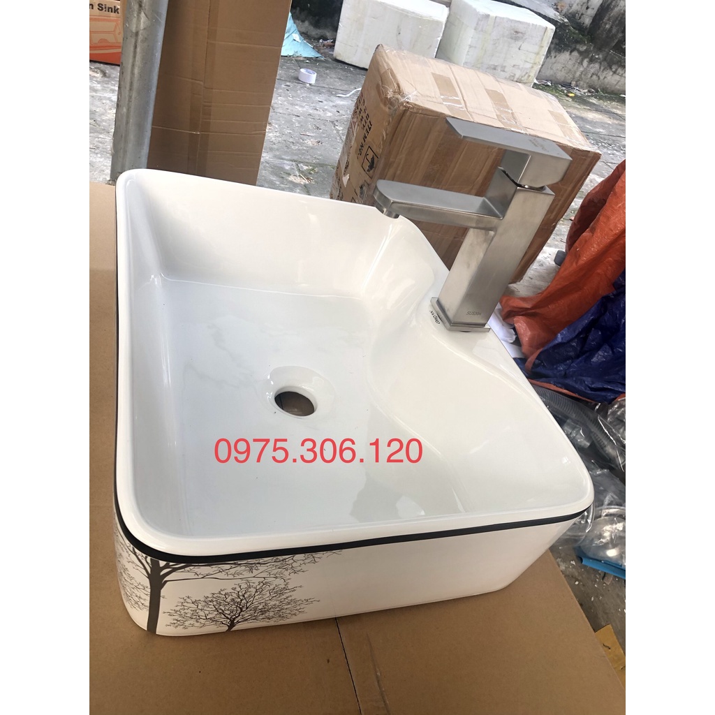 Chậu rửa mặt lavabo Đặt Bàn Đá 8816HV-HOA VĂN CON HƯƠU thương hiệu NA.GRAND, men NANO trắng sáng chống ố chống bám bẩn