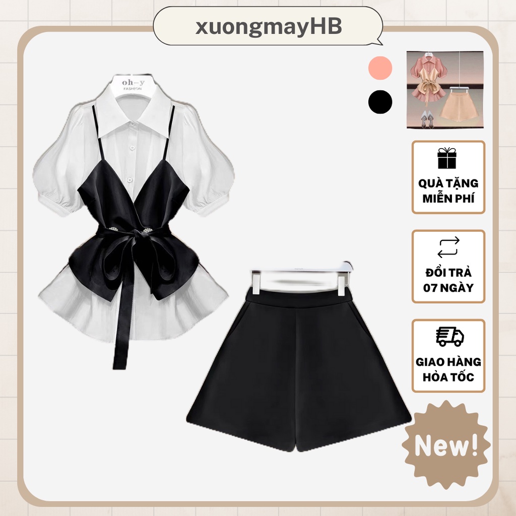 Set áo sơ mi kèm quần đùi HB thiết kế dây cột màu đen, màu hồng S094