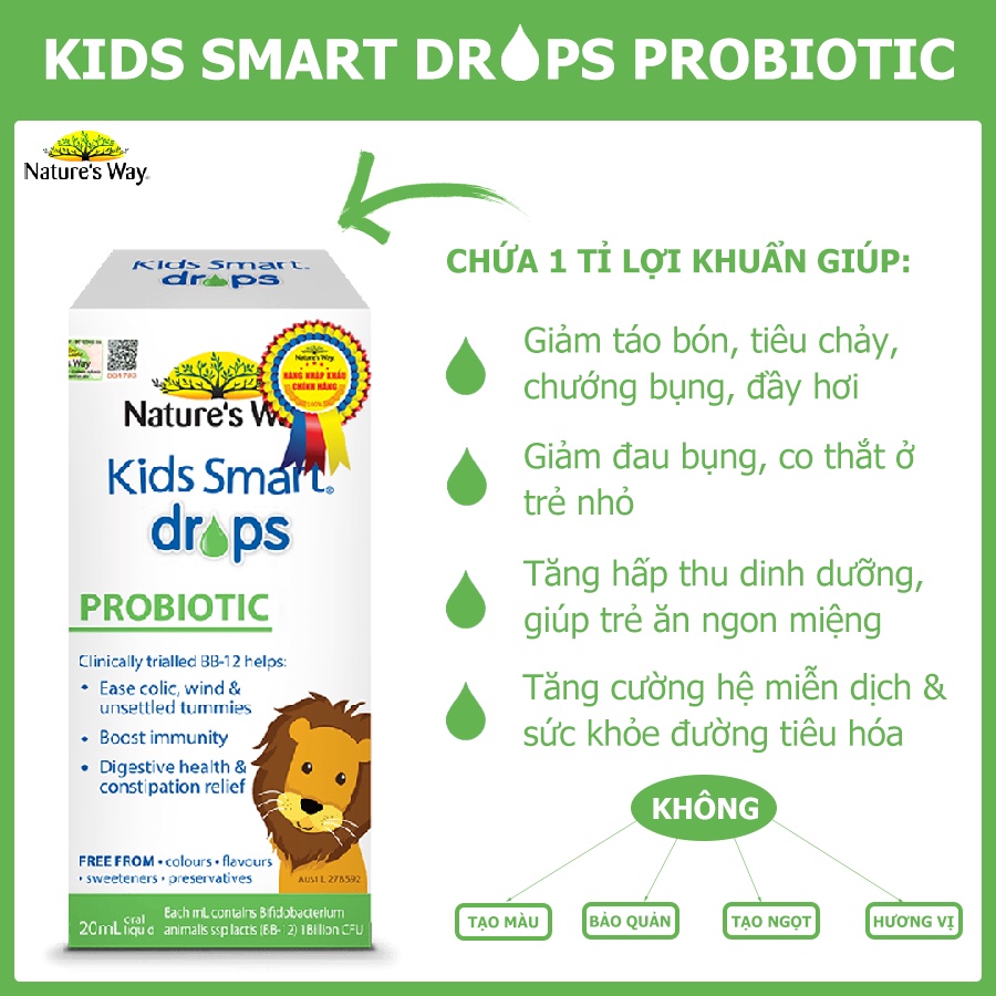 [Mã FMCGMALL giảm 8% đơn từ 250K] Siro Uống Nature's Way Kids Smart Drops Probiotic Bổ Sung Men Vi Sinh Cho Bé 20ml