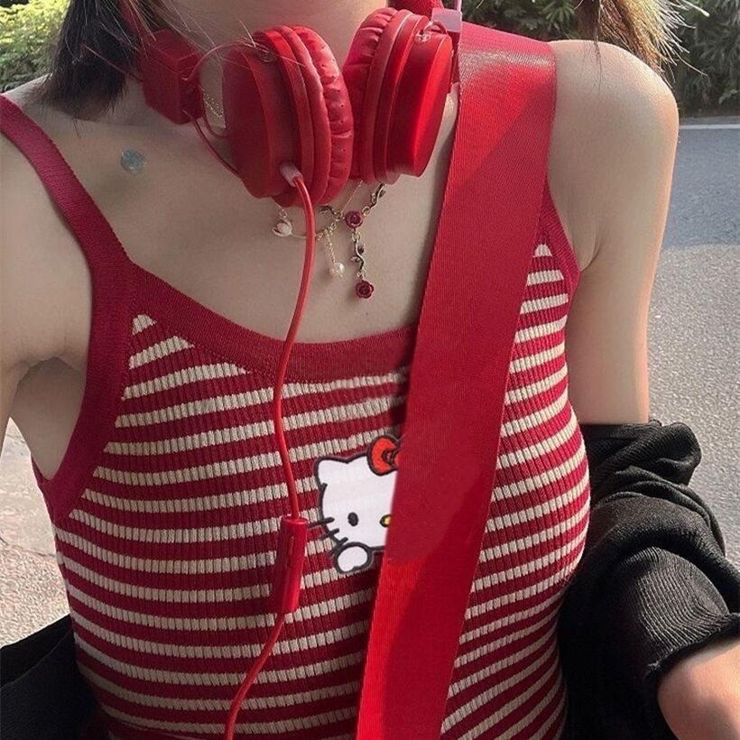 Áo Hai Dây Kẻ Sọc Mềm Mại Hình Hello Kitty Thời Trang Mùa Hè Cho Bé Gái Y2k