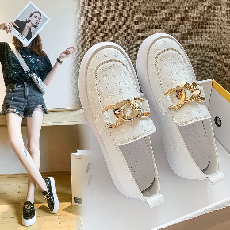 Fashionable Printing PU Leather Loafer Thick Sole Shoes