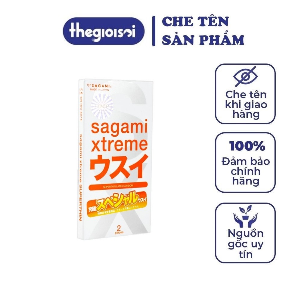 Bao cao su Sagami Superthin bcs siêu mỏng nhiều gel bôi trơn không mùi 1 hộp 2c có che tên sản phẩm - thegioisoi