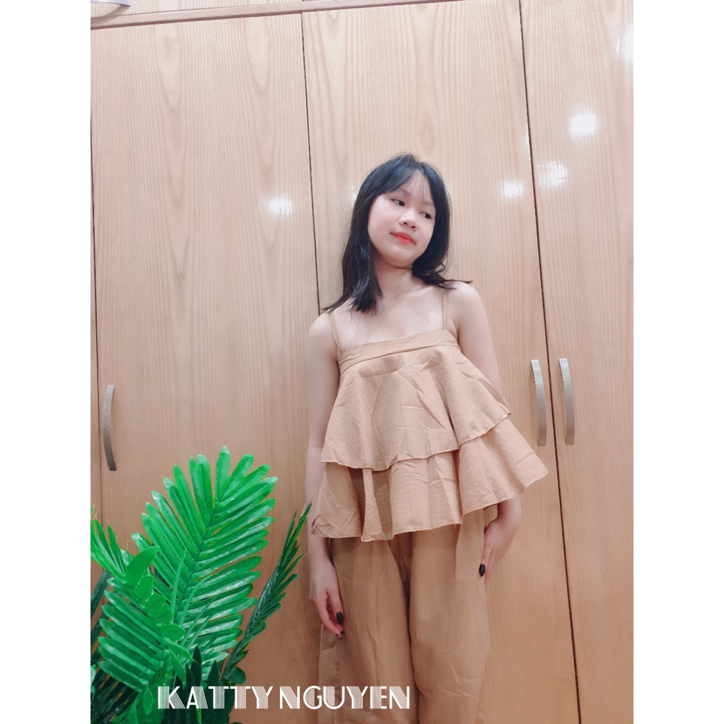 Đồ bộ áo 2 dây xếp tầng quần dài chất đũi KT253 | BigBuy360 - bigbuy360.vn