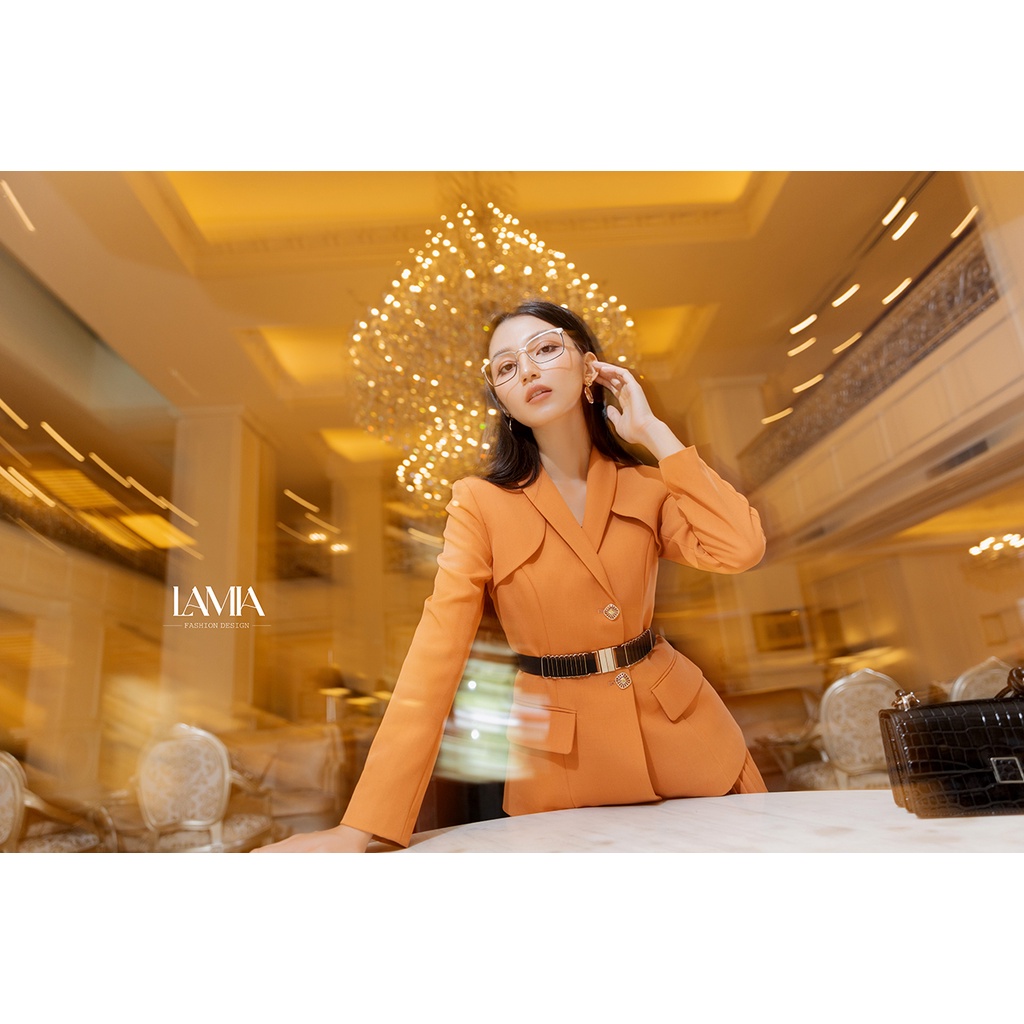 Set vest công sở nữ đẹp Lamia Design LE165 màu cam lucia phối đai váy xếp ly midi hiện đại