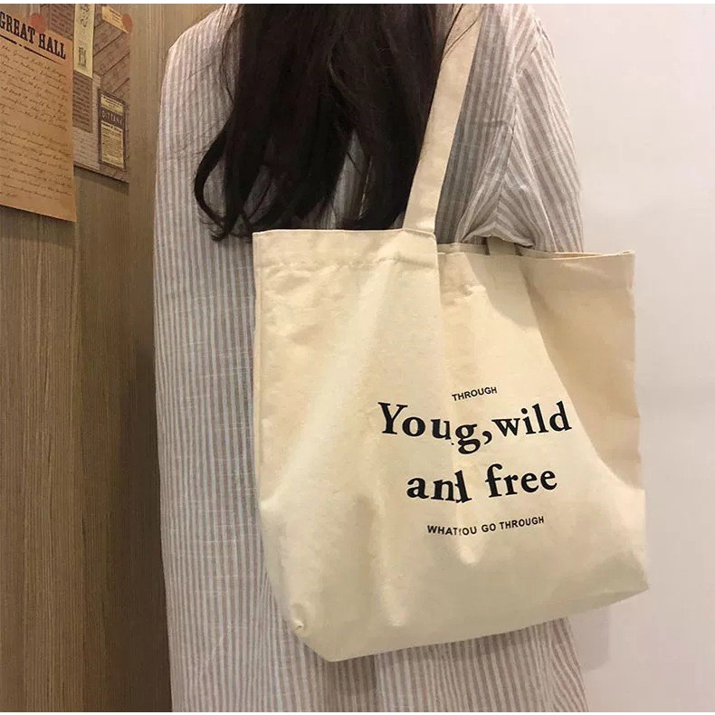 Túi vải tote đeo chéo, túi xách nữ hoạ tiết young wild đi học đi chơi phong cách thời trang hàn quốc | TV06