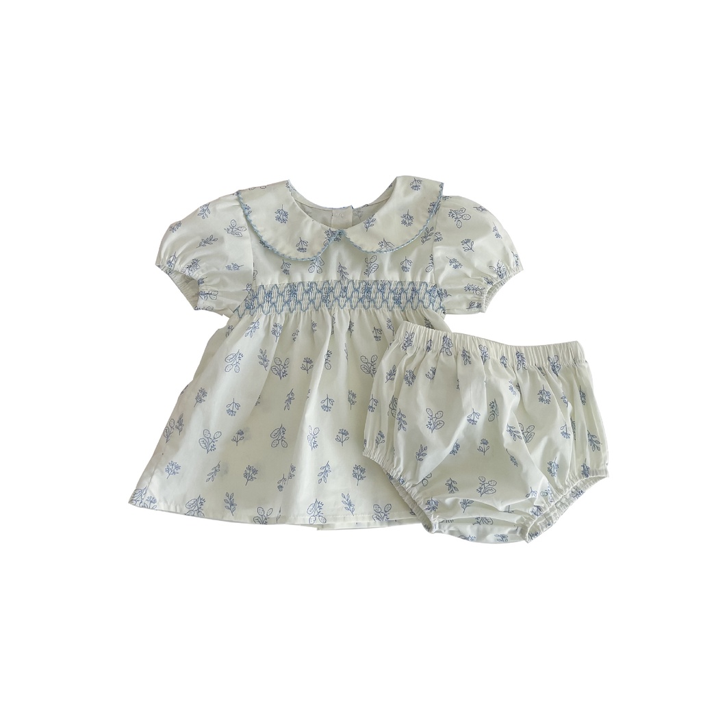 Bộ Áo Cotton Tay Ngắn Cổ Búp Bê Họa Tiết Hoa + Quần Bánh Mì Xinh Xắn Thời Trang Mùa Hè Cho Bé Gái