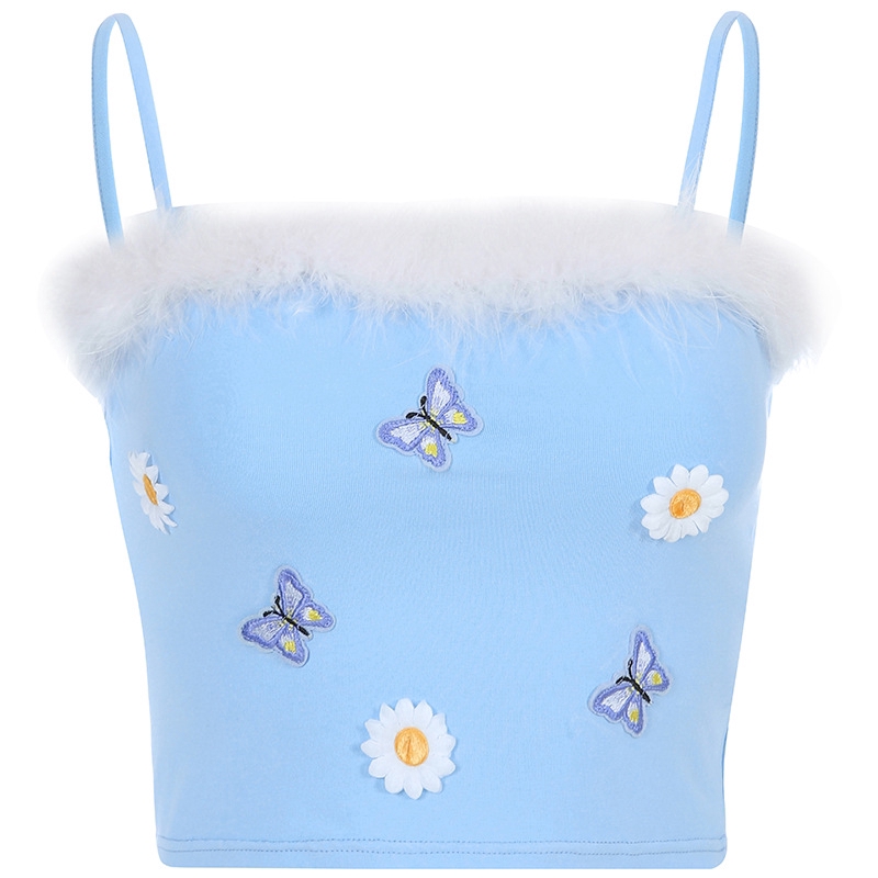 Sexy Women Slim Sling Butterfly Flower Embroidery Tops Off Shoulder Sleeveless Street Camisole