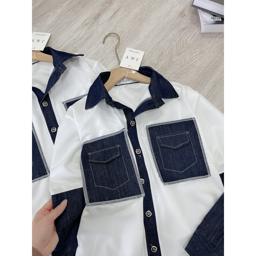 Áo sơ mi trắng nữ dáng rộng phối bò  chất thô mềm mại cá tính SM029 | BigBuy360 - bigbuy360.vn