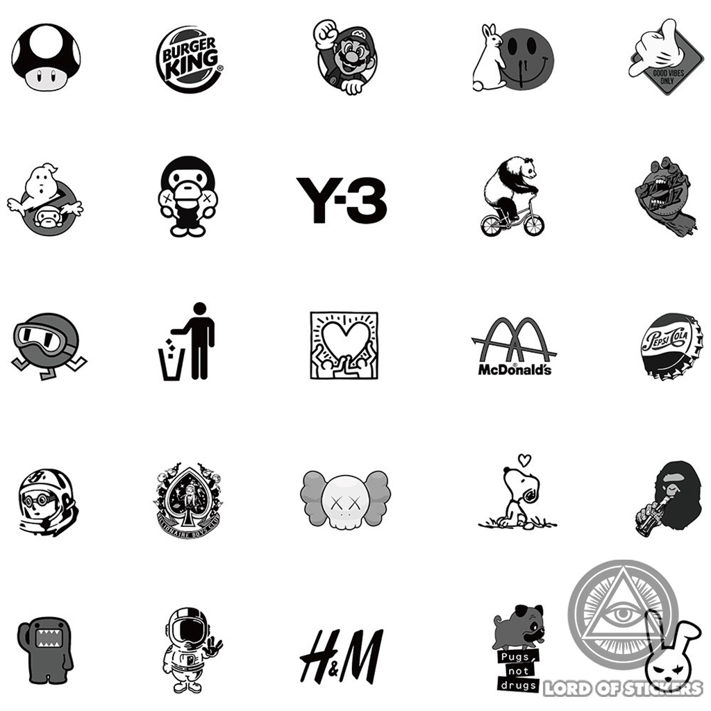 Set 101 Hình Dán Graffiti Brand Logo Sticker Thương Hiệu Đen Trắng Chống Thấm Nước Trang Trí Mũ Bảo Hiểm, Ván Trượt, Xe