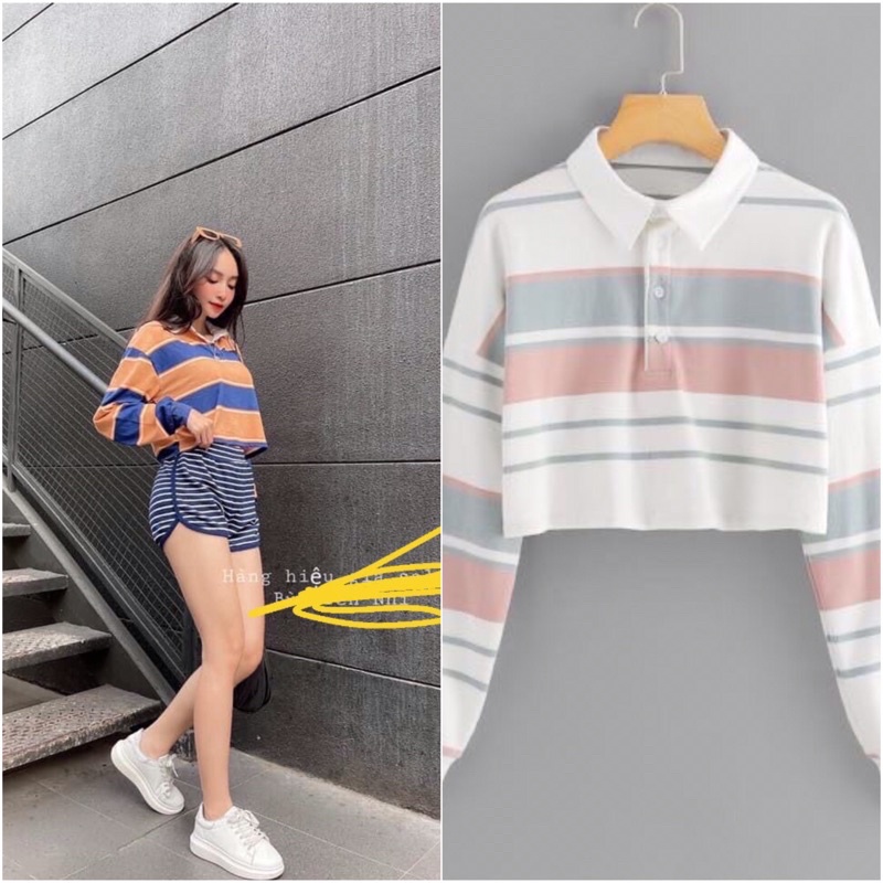 Áo thun nữ dài tay SO cổ đức croptop dớt cầu vai phom rộng hotgirl