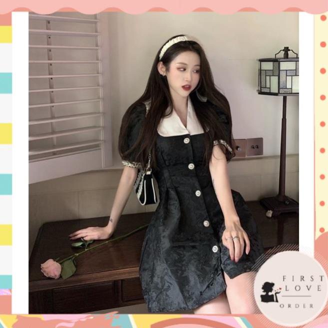 1 ORDER🖤Đầm ulzzang cổ sen Hàn Quốc tay phồng dáng xoè đính cúc ngọc/Váy tiểu thư tay phồng hở lưng chun eo cao cấp new