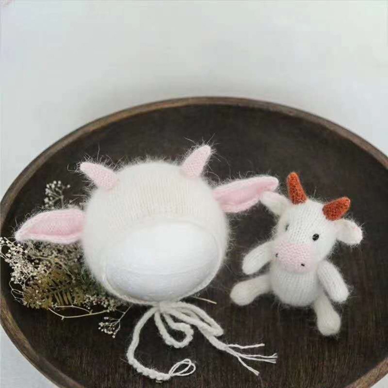 Bộ 2 Mũ Len Hình Bò Sữa Dùng Làm Đạo Cụ Chụp Ảnh Cho Bé Sơ Sinh