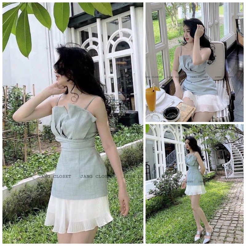 Set áo peplum xanh 2 dây xếp ngực chân váy trắng dập li