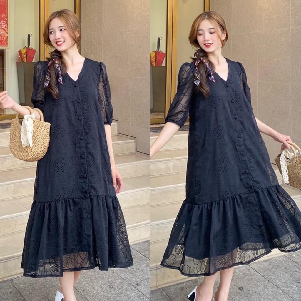 ĐẦM REN ĐUÔI CÁ CỔ V SIÊU SANG GỌN DÁng