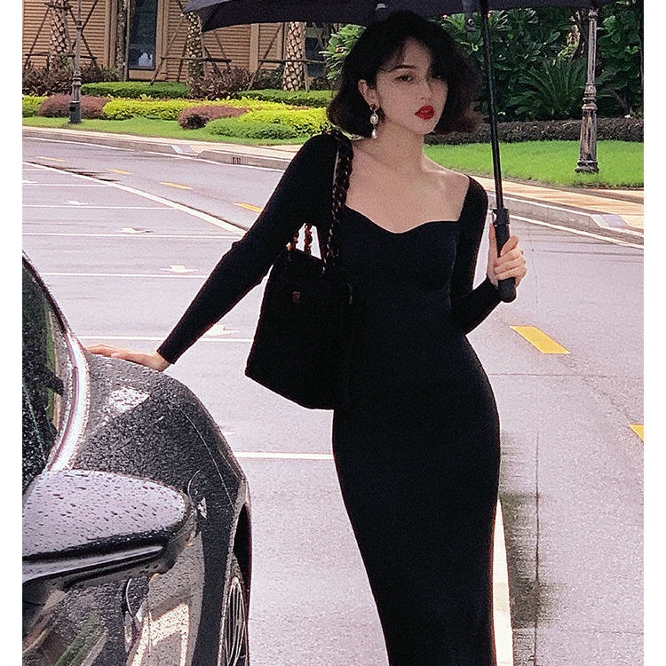 Đầm Dệt Kim Cổ Vuông Nhấn Eo Phong Cách Retro Pháp Thời Trang Mùa Thu Cho Nữ