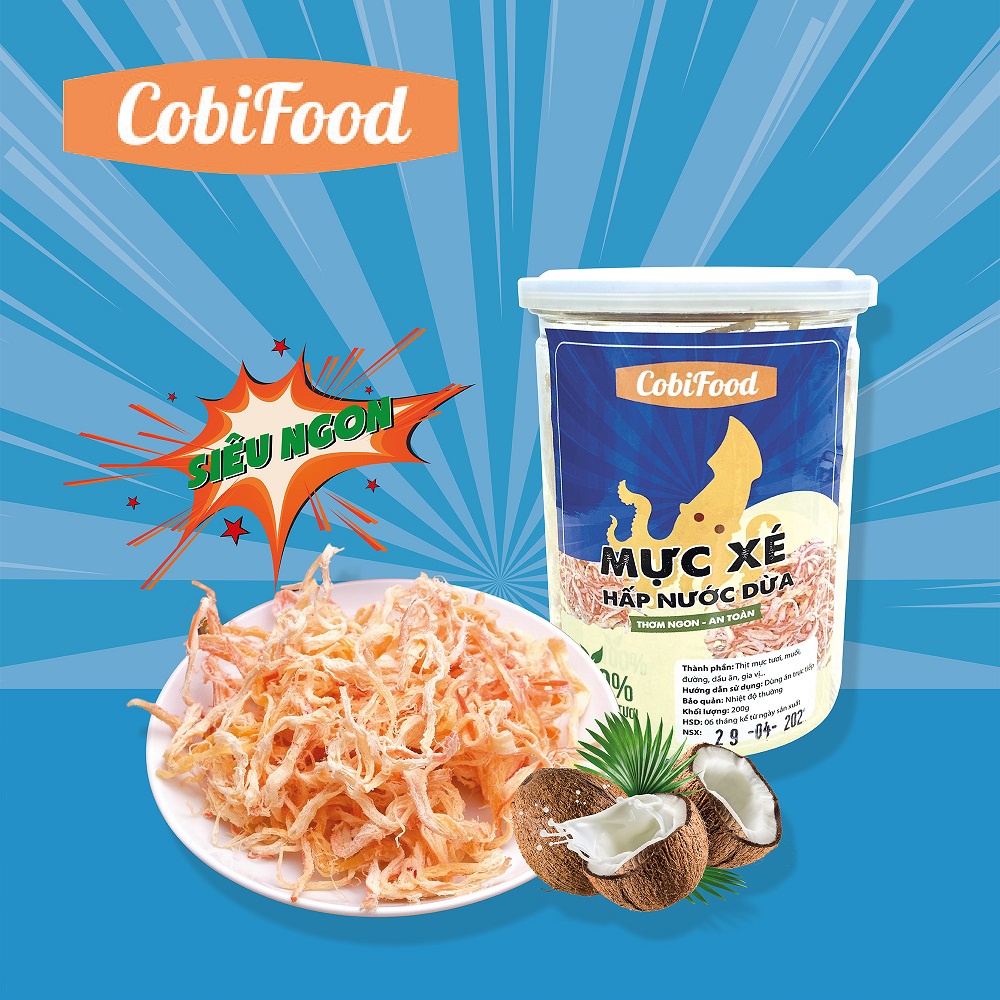 Mực tươi xé sợi ngon ngọt hấp nước dừa hộp 200g tặng kèm tương ớt - CobiFood đồ ăn vặt Hà Nội
