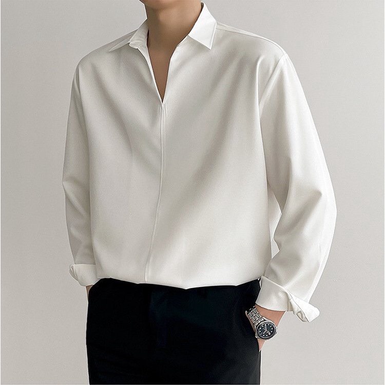 Sơ mi nam nữ cổ V vải lụa, Áo sơ mi form rộng Unisex nam nữ tay dài Hàn Quốc | BigBuy360 - bigbuy360.vn