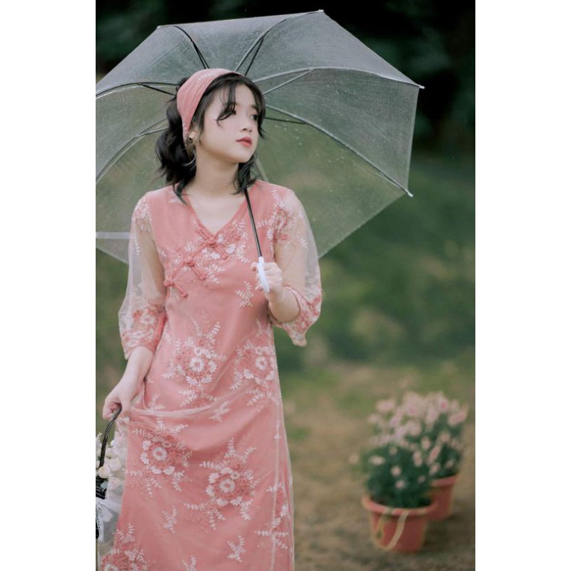 Áo dài cách tân nữ lai ren siêu hit 2021 - combo thuy linh
