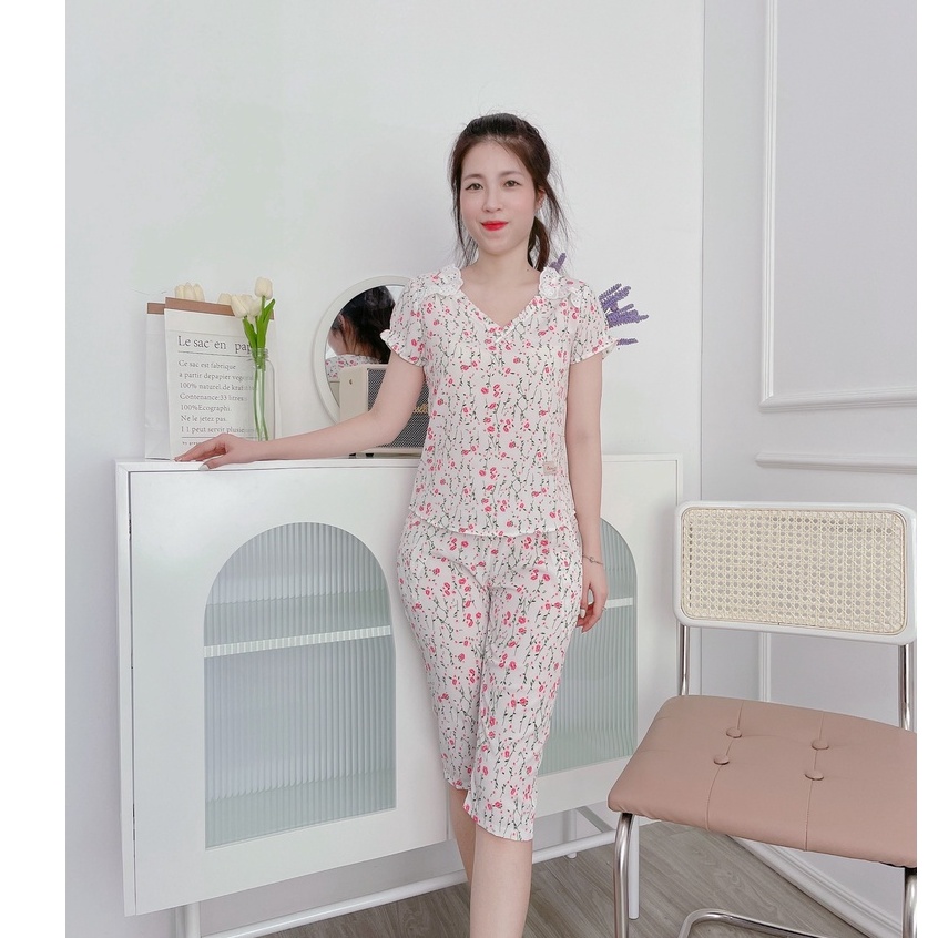 Bộ mặc nhà chất lụa mềm lửng 1 nơ hoa