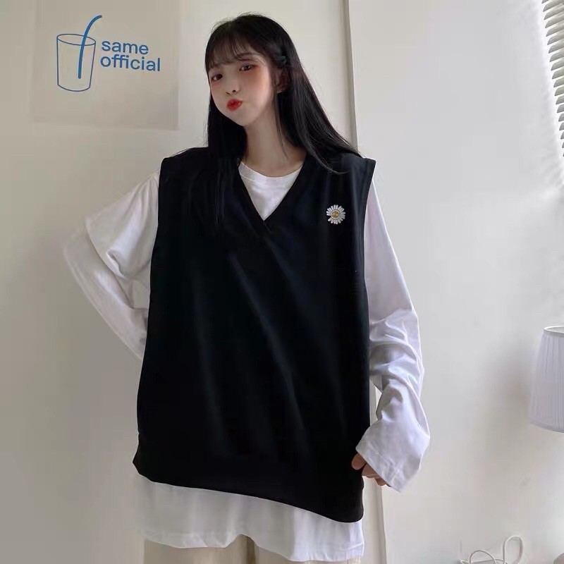 Set áo gile Thêu Hoa Cúc + áo phông tay dài trơn unisex form rộng ulzzang Wind