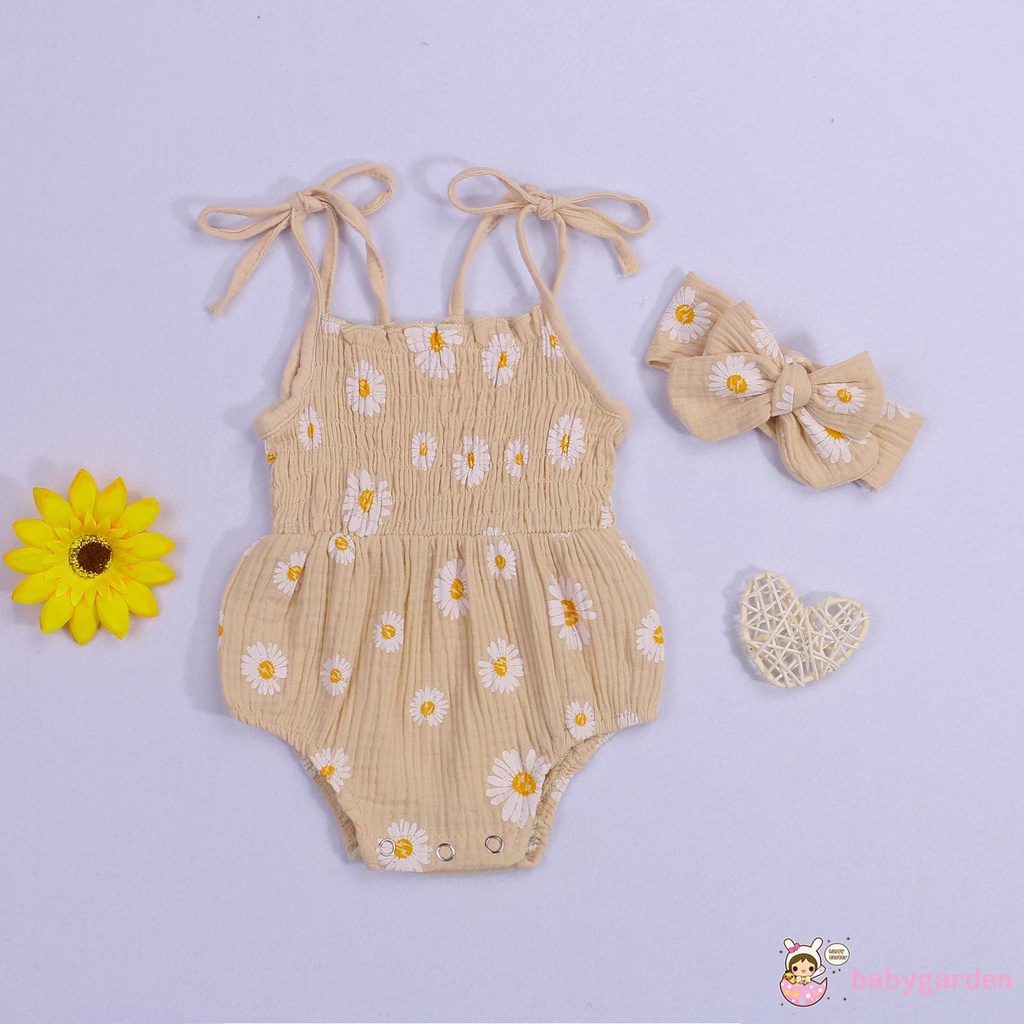 Bộ Áo Liền Quần Hai Dây Cổ Thuyền In Hoa Cúc + Băng Đô Cài Tóc Cho Bé Gái