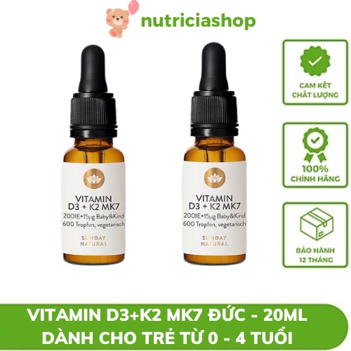 Vitamin D3 K2 Mk7 Sunday Natural 20ml Đức giúp hấp thụ canxi phát triển Chiều Cao tối ưu cho trẻ từ sơ sinh