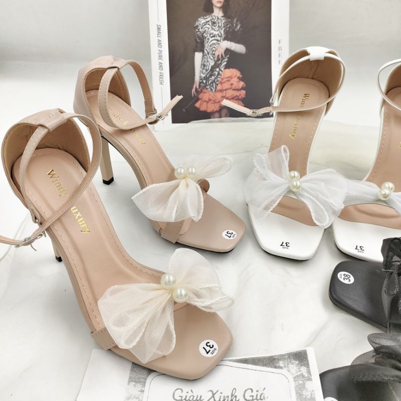 Giày Sandal Cao Gót Nữ Phối Nơ Ren Gót Cao 9cm, Giá Rẻ Chất Lượng Tốt, Bao Lỗi