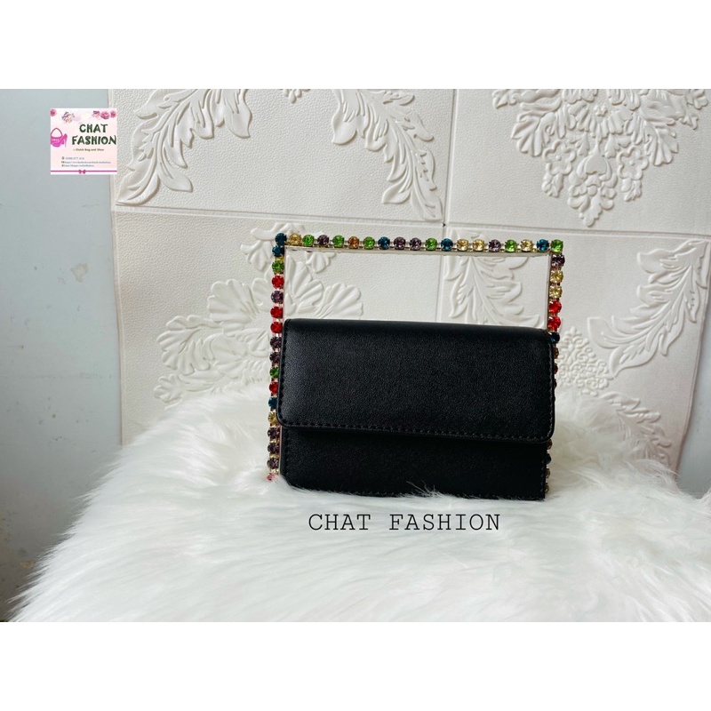 Túi clutch dự tiệc vuông nắp gập cá tính viền đá (Sale xả kho)