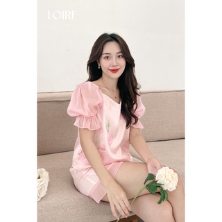 Bộ Pijama Lụa Họa Tiết Hoa Mẫu Đơn Phối Voan Loirechic BDN50