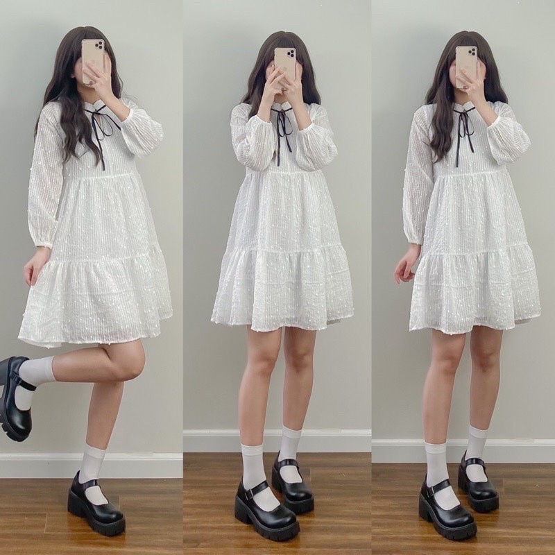 Đầm Ren Tay Dài Dáng Babydoll 2 Lớp Buộc Nơ Xinh, Váy Thu Đông Phong Cách Hàn Quốc