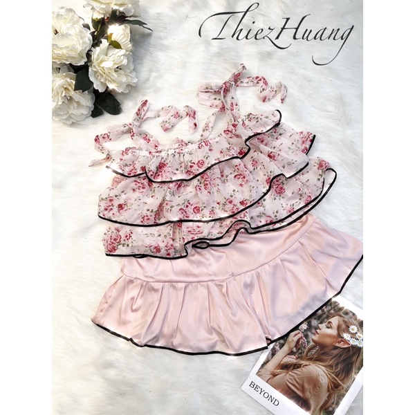 Set bộ áo voan tầng phối quần lụa dáng váy hoạ tiết hoa nhí xinh xắn