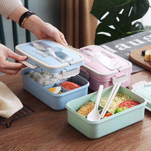 Hộp Cơm Lúa Mạch 3 Ngăn Tặng Kèm Bộ Thìa Đũa